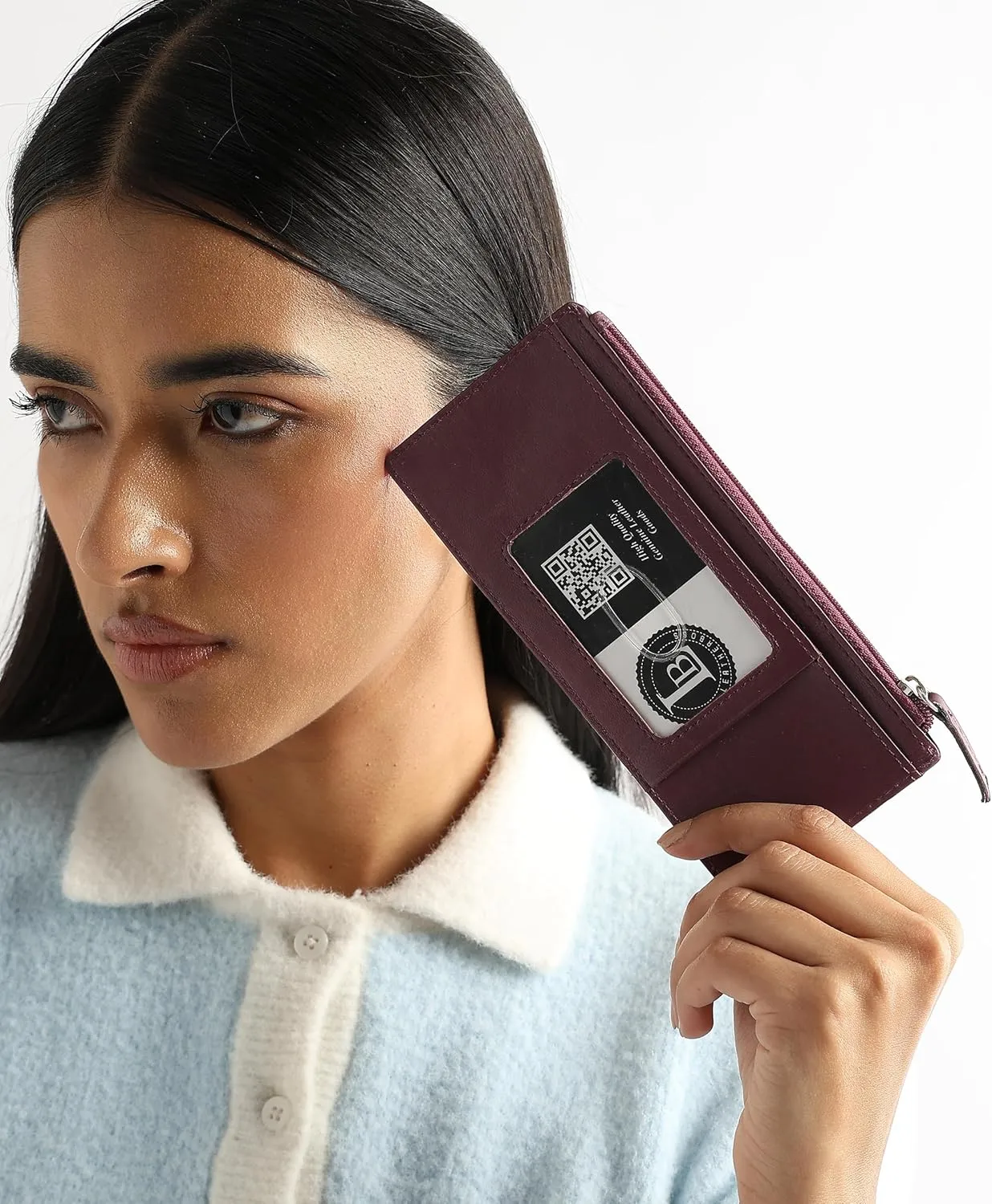 Leatherboss Genuine Leather Women's All in One Credit Business Card Case Holder Slim Zipper Wallet With a Card Protection Strap, Wine