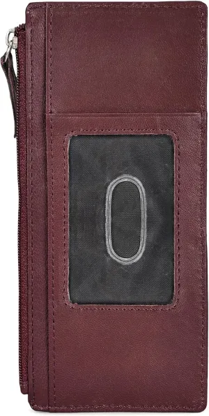 Leatherboss Genuine Leather Women's All in One Credit Business Card Case Holder Slim Zipper Wallet With a Card Protection Strap, Wine