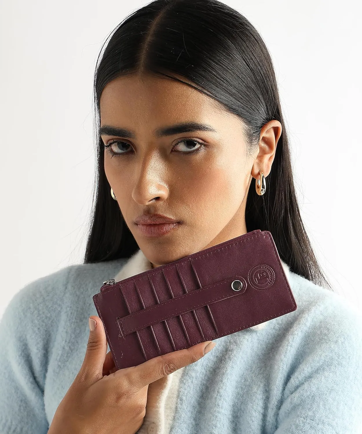 Leatherboss Genuine Leather Women's All in One Credit Business Card Case Holder Slim Zipper Wallet With a Card Protection Strap, Wine