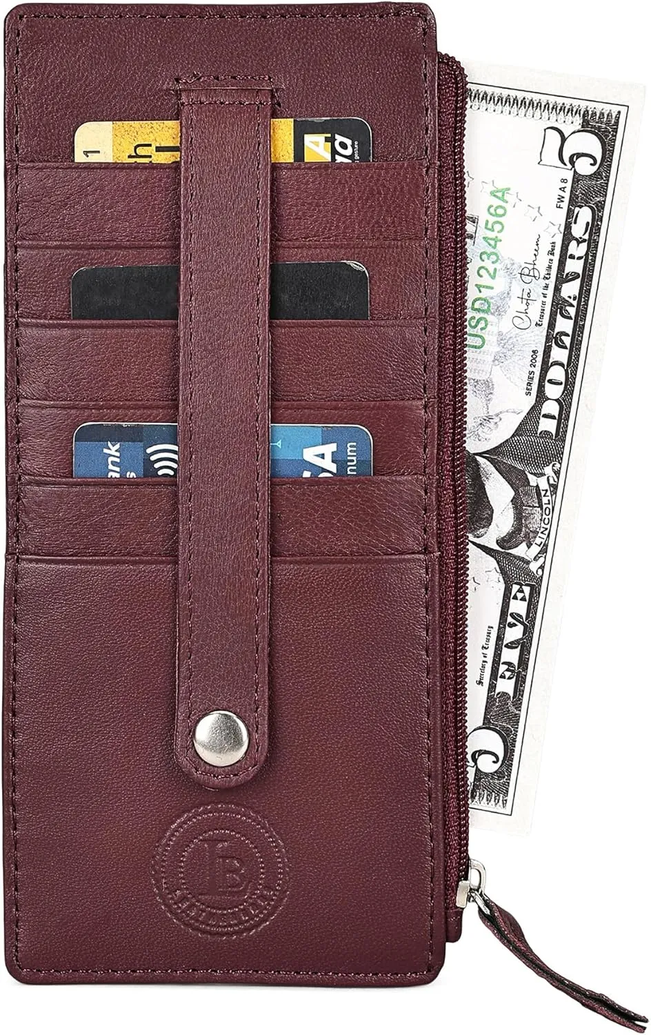 Leatherboss Genuine Leather Women's All in One Credit Business Card Case Holder Slim Zipper Wallet With a Card Protection Strap, Wine