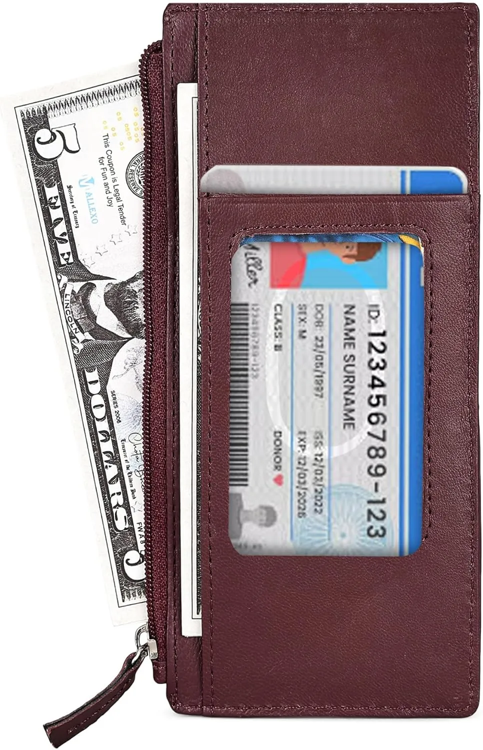 Leatherboss Genuine Leather Women's All in One Credit Business Card Case Holder Slim Zipper Wallet With a Card Protection Strap, Wine