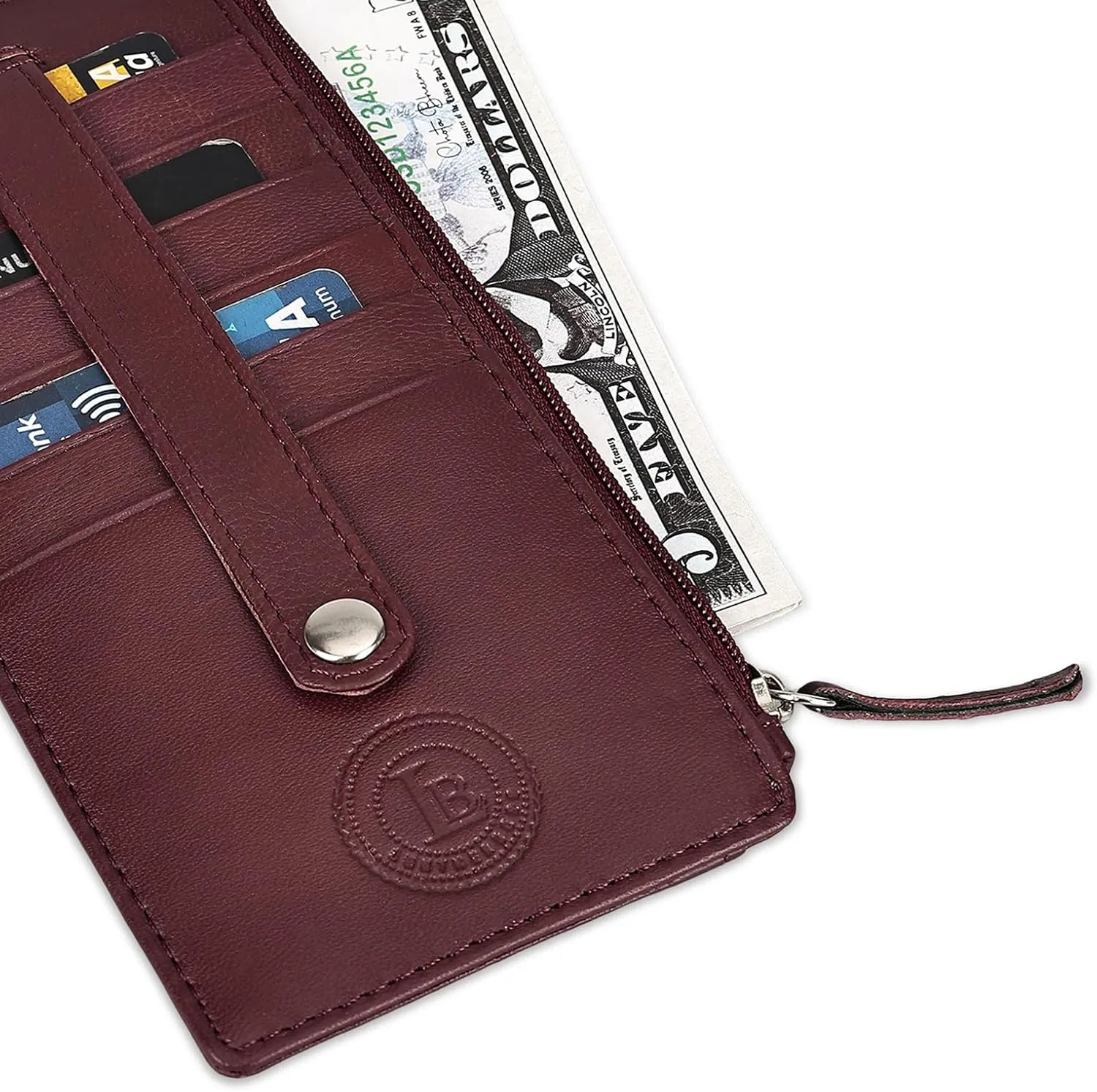 Leatherboss Genuine Leather Women's All in One Credit Business Card Case Holder Slim Zipper Wallet With a Card Protection Strap, Wine