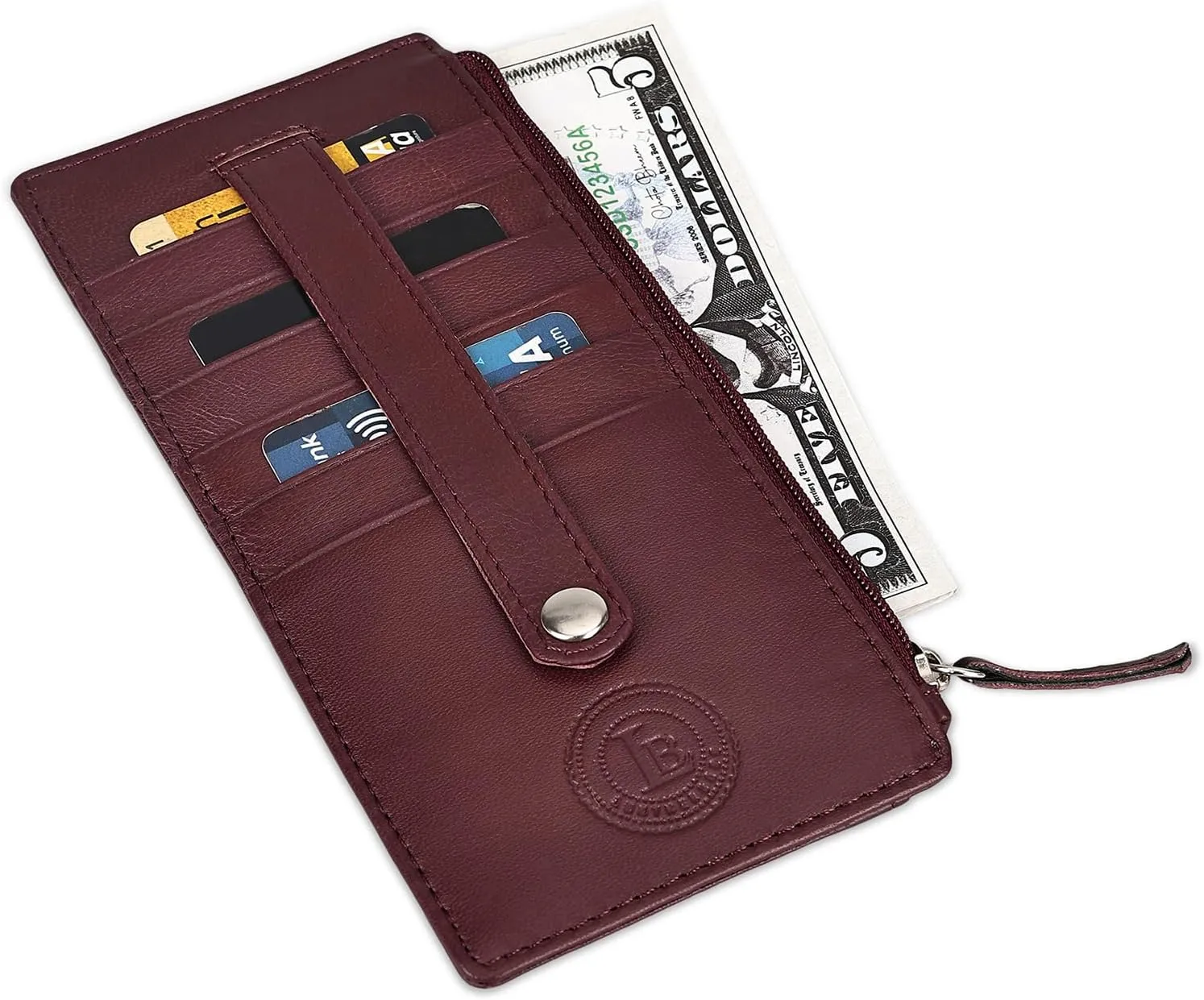 Leatherboss Genuine Leather Women's All in One Credit Business Card Case Holder Slim Zipper Wallet With a Card Protection Strap, Wine