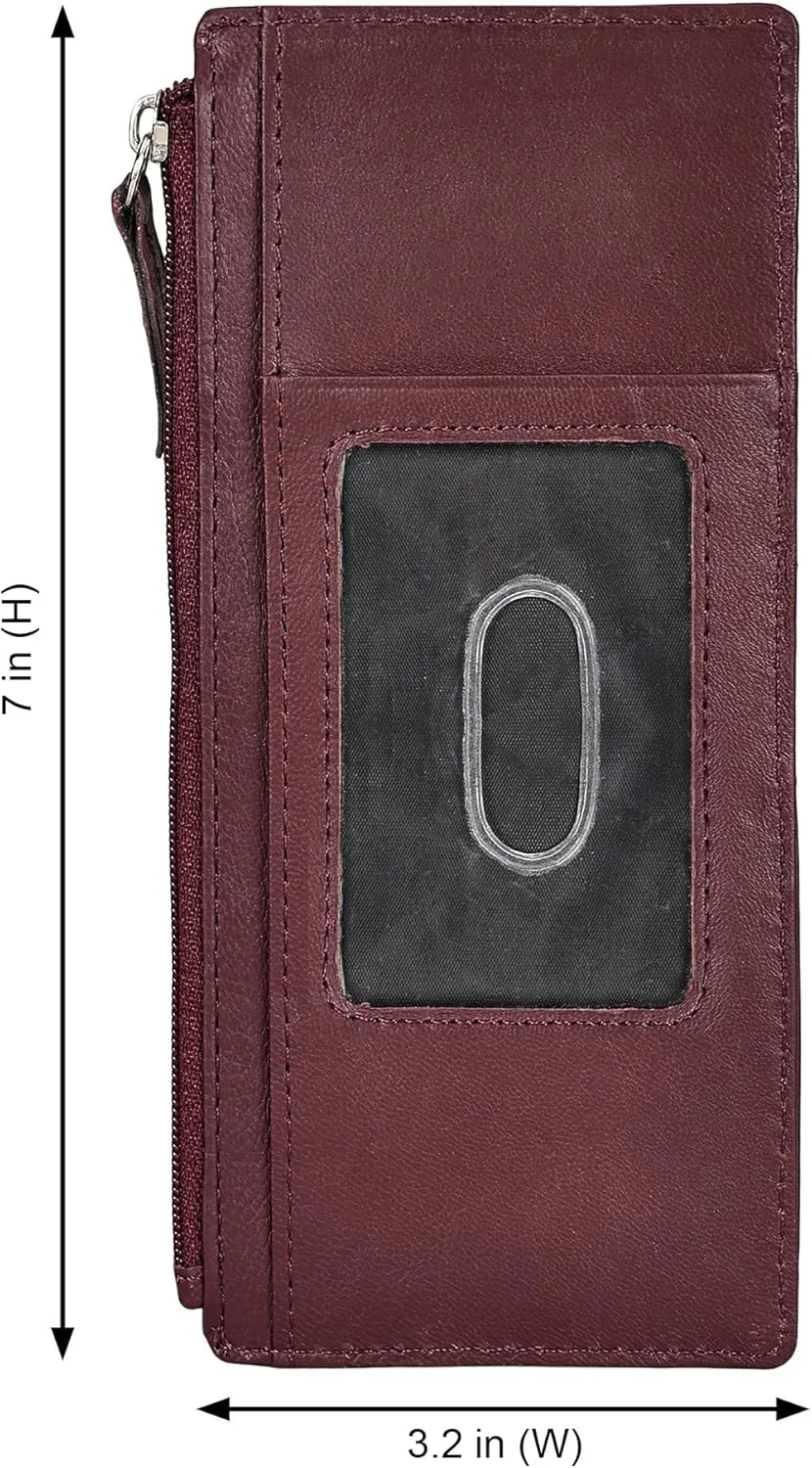 Leatherboss Genuine Leather Women's All in One Credit Business Card Case Holder Slim Zipper Wallet With a Card Protection Strap, Wine