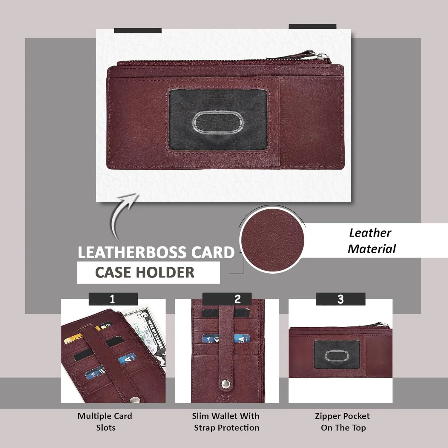 Leatherboss Genuine Leather Women's All in One Credit Business Card Case Holder Slim Zipper Wallet With a Card Protection Strap, Wine
