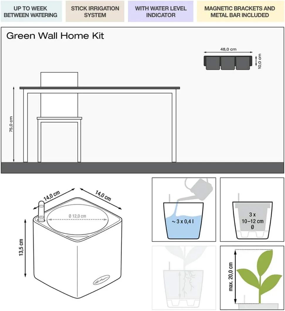 Lechuza Self Watering Plant Pot Green Wall Home Kit Color Hanging Planter with Water Level Indicator H14 L48 W15 cm Slate