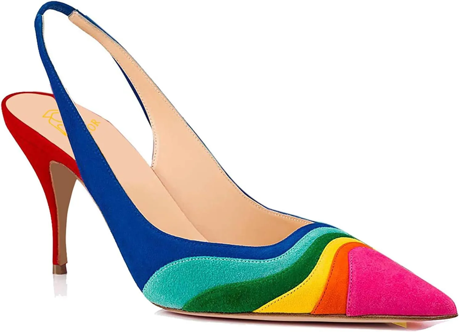 LEHOOR Women Rainbow Slingback Pumps Kitten Heels Pointed Toe Suede, Multicolor High Heel Pumps Stiletto Elastic Strap Closed Toe for Ladies Dress Party 5-13 M US