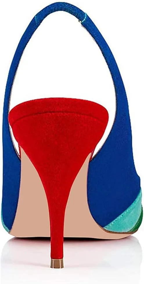 LEHOOR Women Rainbow Slingback Pumps Kitten Heels Pointed Toe Suede, Multicolor High Heel Pumps Stiletto Elastic Strap Closed Toe for Ladies Dress Party 5-13 M US