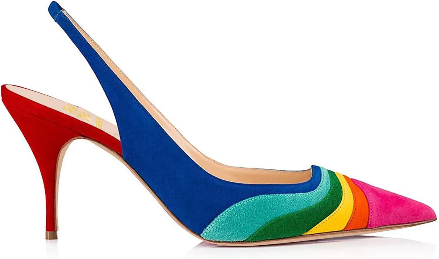 LEHOOR Women Rainbow Slingback Pumps Kitten Heels Pointed Toe Suede, Multicolor High Heel Pumps Stiletto Elastic Strap Closed Toe for Ladies Dress Party 5-13 M US