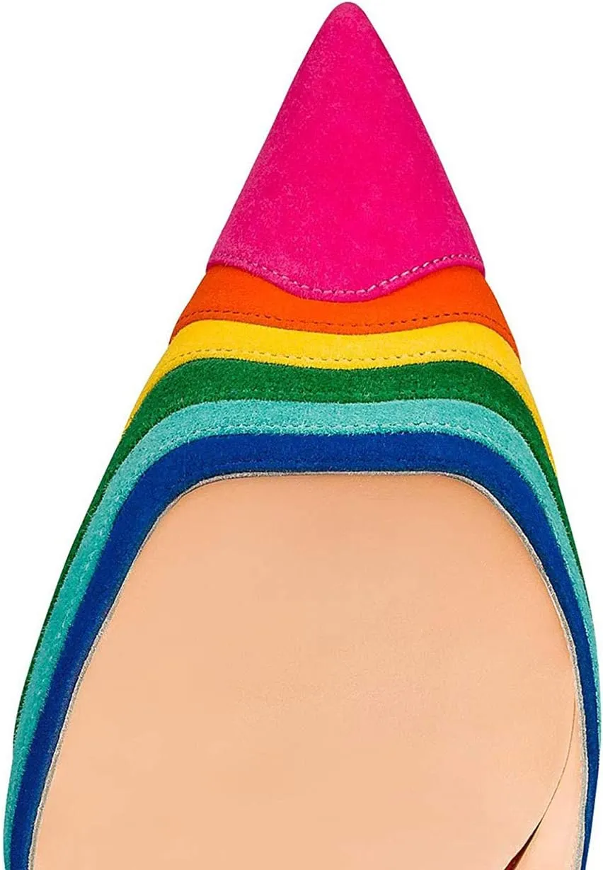 LEHOOR Women Rainbow Slingback Pumps Kitten Heels Pointed Toe Suede, Multicolor High Heel Pumps Stiletto Elastic Strap Closed Toe for Ladies Dress Party 5-13 M US
