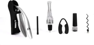 LEMONSODA Screwpull Lever Wine Bottle Opener Set - Corkscrew Wine Opener, Foil Cutter, Wine Pourer, Vacuum Wine Stopper, Extra Spiral - Cool Metal Cork Remover and Wine Tools for Easy Bottle Opening