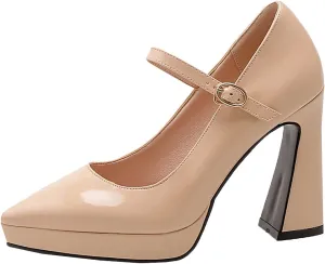 LEMUTISME Women's Fashion Patent Leather Low Platform Ankle Strap Pointed Toe Mary Jane High Block Heel with Buckle Dress Pumps for Wedding Party
