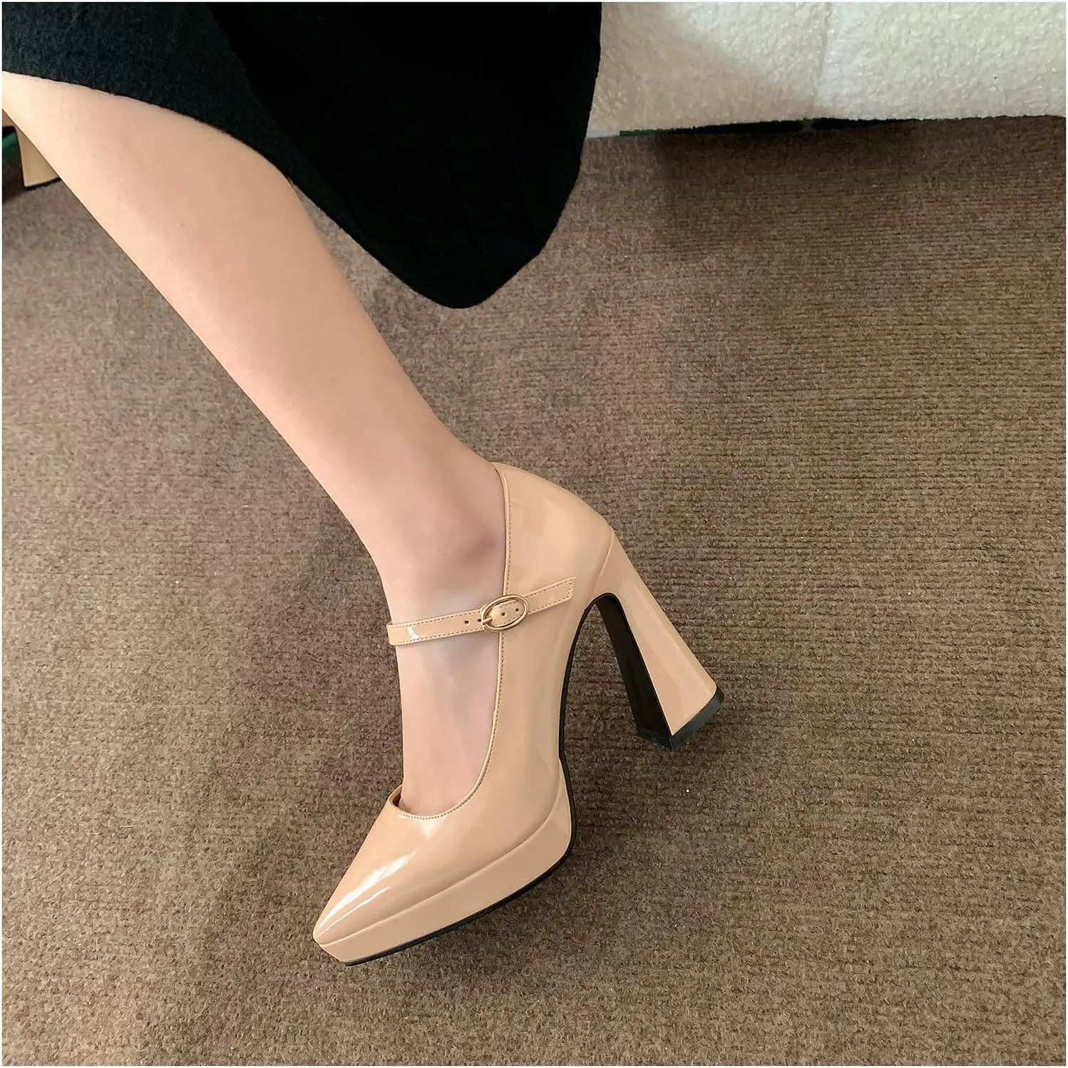 LEMUTISME Women's Fashion Patent Leather Low Platform Ankle Strap Pointed Toe Mary Jane High Block Heel with Buckle Dress Pumps for Wedding Party
