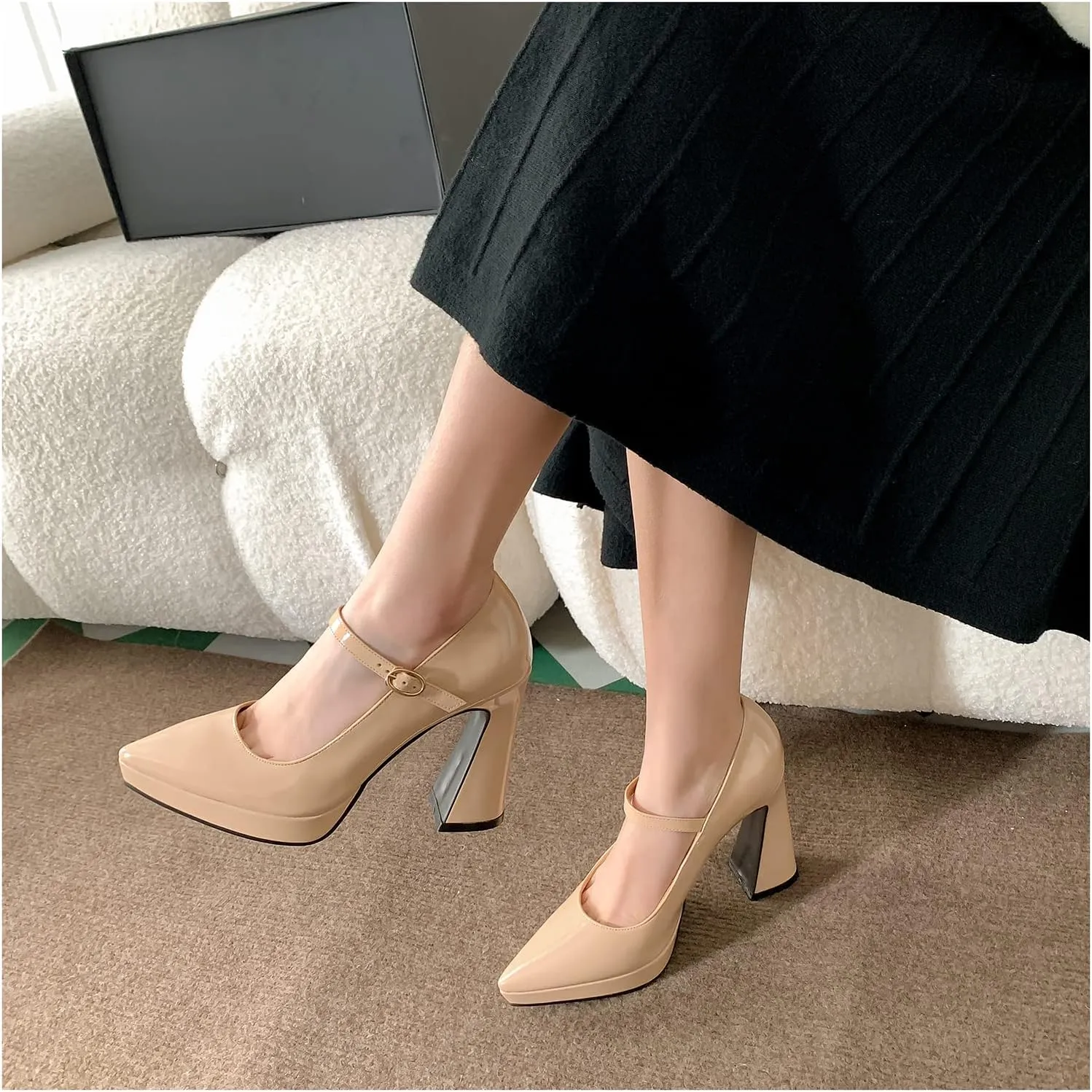 LEMUTISME Women's Fashion Patent Leather Low Platform Ankle Strap Pointed Toe Mary Jane High Block Heel with Buckle Dress Pumps for Wedding Party
