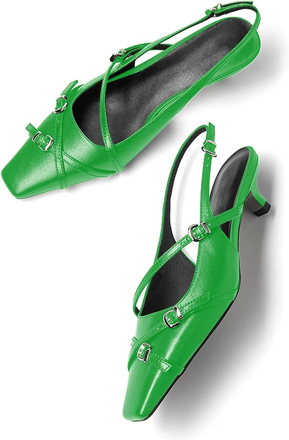 LEMUTISME Women's Stylish Matte Leather Square Toe Buckled Dressy Low Kitten Heel Chic Strappy Slingback Pumps Shoes