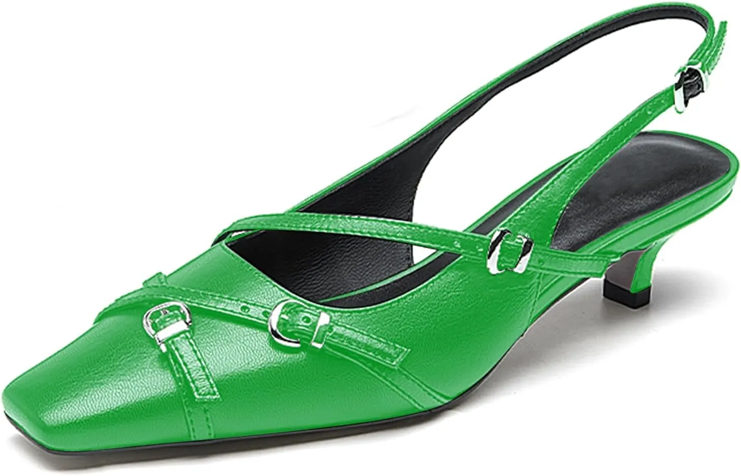 LEMUTISME Women's Stylish Matte Leather Square Toe Buckled Dressy Low Kitten Heel Chic Strappy Slingback Pumps Shoes