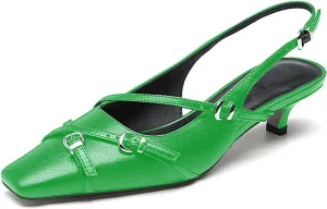LEMUTISME Women's Stylish Matte Leather Square Toe Buckled Dressy Low Kitten Heel Chic Strappy Slingback Pumps Shoes