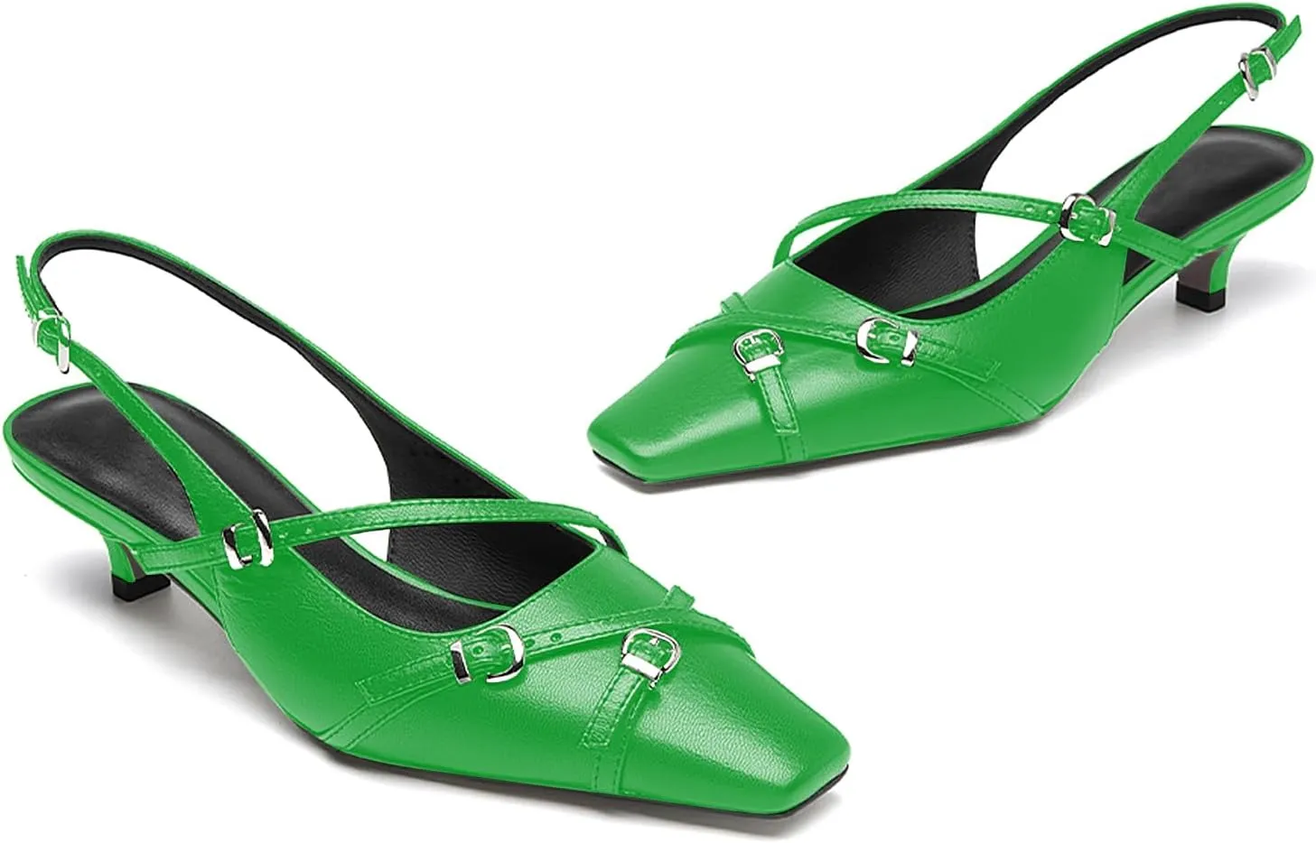 LEMUTISME Women's Stylish Matte Leather Square Toe Buckled Dressy Low Kitten Heel Chic Strappy Slingback Pumps Shoes