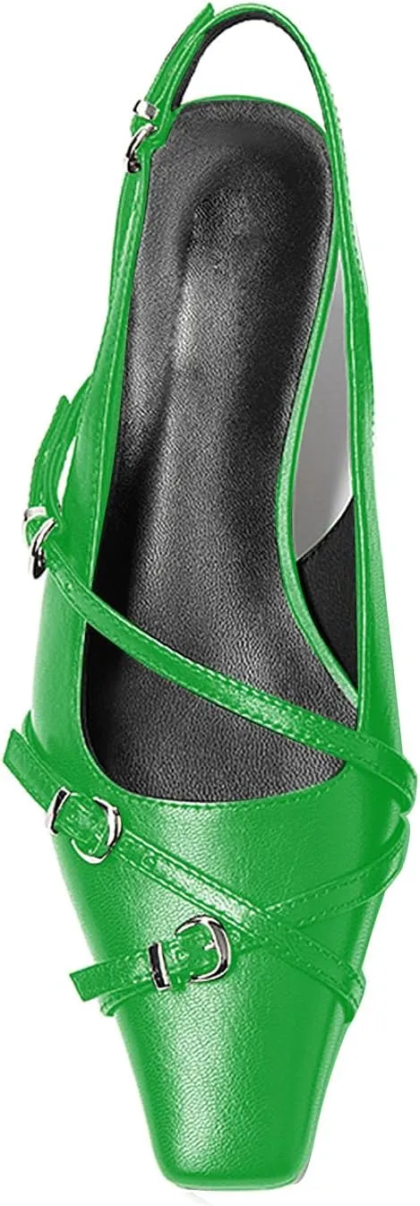LEMUTISME Women's Stylish Matte Leather Square Toe Buckled Dressy Low Kitten Heel Chic Strappy Slingback Pumps Shoes