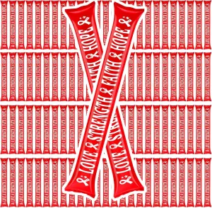 Lenwen 100 Pcs Heart Health Awareness Heart Month Gifts Thunder Cheering Sticks Bulk Red Ribbon Cancer Awareness Inflatable Hiv Aids Thunder Sticks for Party Charity Events Fundraiser Parade