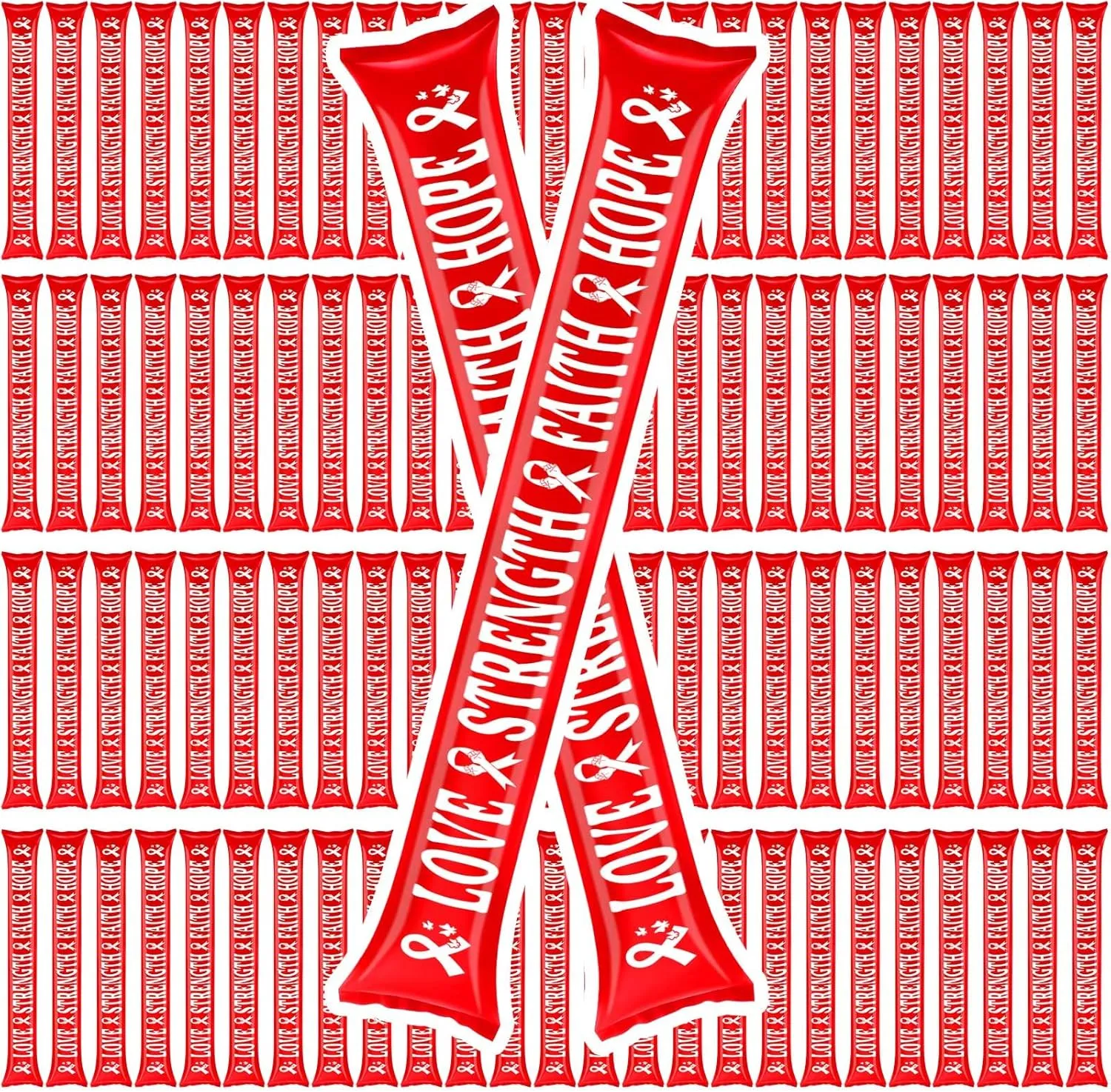 Lenwen 100 Pcs Heart Health Awareness Heart Month Gifts Thunder Cheering Sticks Bulk Red Ribbon Cancer Awareness Inflatable Hiv Aids Thunder Sticks for Party Charity Events Fundraiser Parade