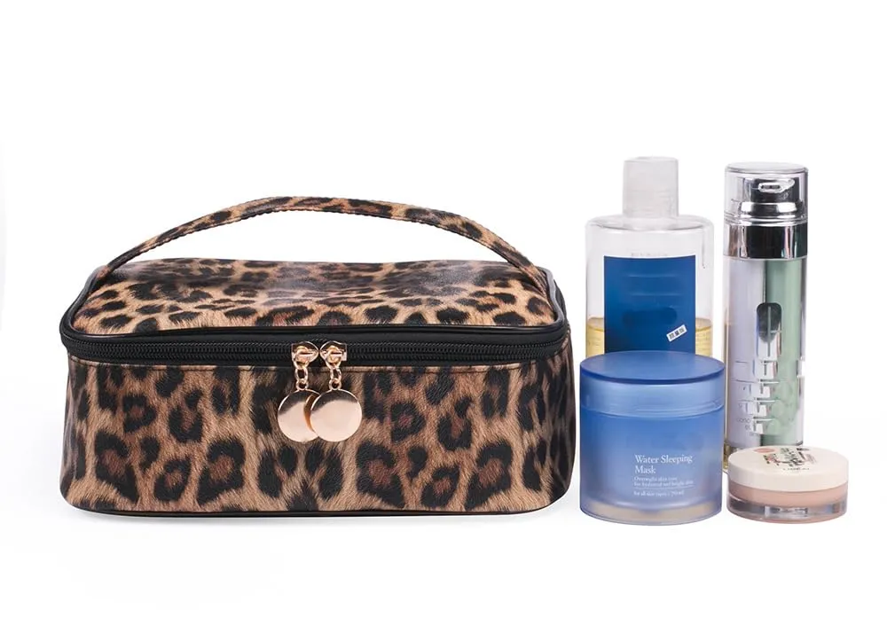 Leopard Makeup Bag Large Travel Cosmetic Case Waterproof Portable Cheetah Printed Toiletry Bags Organizer Brushes Storage Bags with Gold Zipper Adjustable Dividers for Women Girls,8.7x7.1x3.4inch