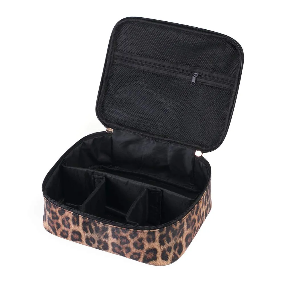 Leopard Makeup Bag Large Travel Cosmetic Case Waterproof Portable Cheetah Printed Toiletry Bags Organizer Brushes Storage Bags with Gold Zipper Adjustable Dividers for Women Girls,8.7x7.1x3.4inch