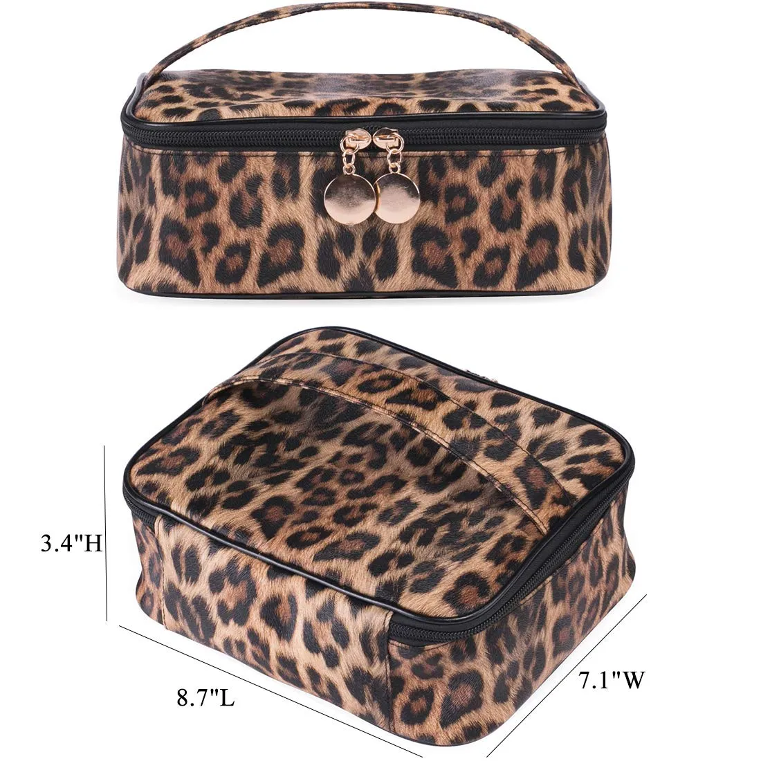 Leopard Makeup Bag Large Travel Cosmetic Case Waterproof Portable Cheetah Printed Toiletry Bags Organizer Brushes Storage Bags with Gold Zipper Adjustable Dividers for Women Girls,8.7x7.1x3.4inch
