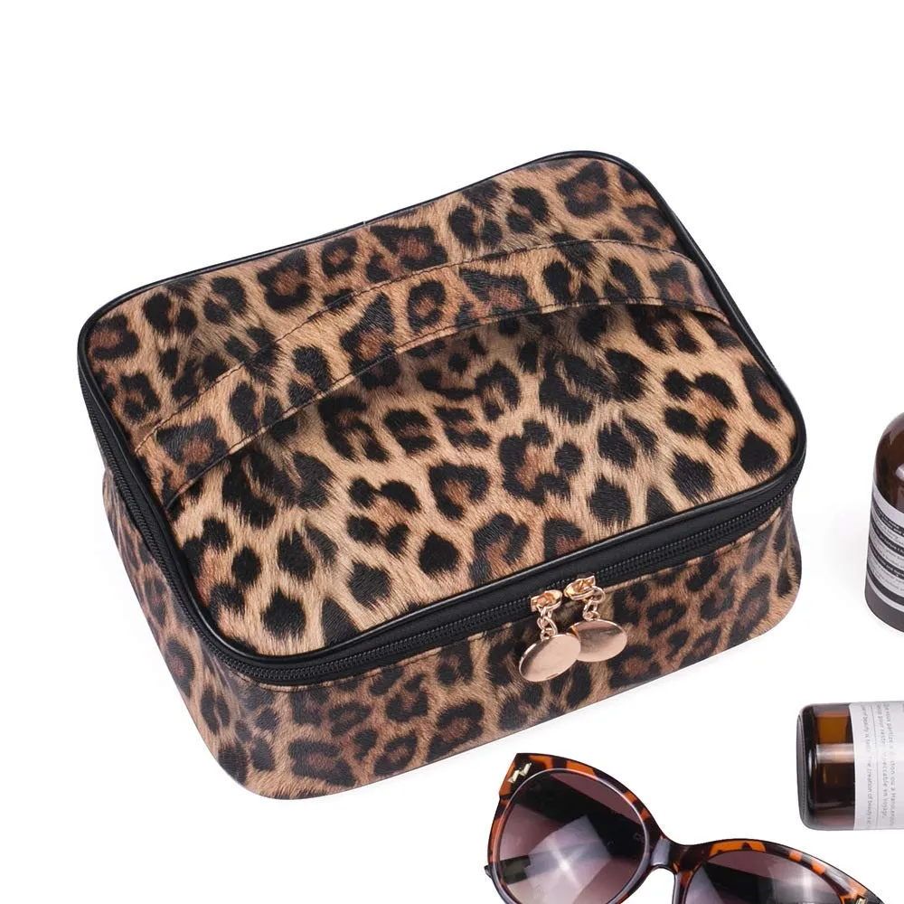 Leopard Makeup Bag Large Travel Cosmetic Case Waterproof Portable Cheetah Printed Toiletry Bags Organizer Brushes Storage Bags with Gold Zipper Adjustable Dividers for Women Girls,8.7x7.1x3.4inch