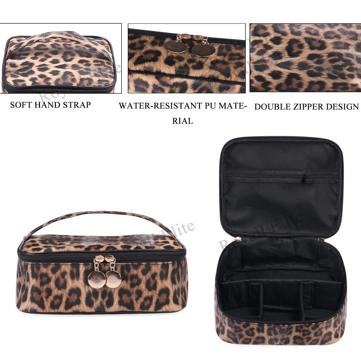 Leopard Makeup Bag Large Travel Cosmetic Case Waterproof Portable Cheetah Printed Toiletry Bags Organizer Brushes Storage Bags with Gold Zipper Adjustable Dividers for Women Girls,8.7x7.1x3.4inch