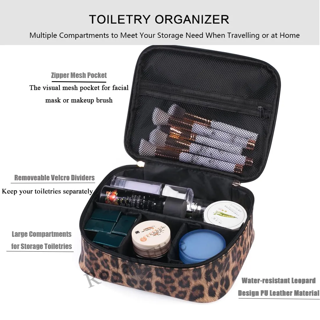 Leopard Makeup Bag Large Travel Cosmetic Case Waterproof Portable Cheetah Printed Toiletry Bags Organizer Brushes Storage Bags with Gold Zipper Adjustable Dividers for Women Girls,8.7x7.1x3.4inch