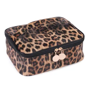 Leopard Makeup Bag Large Travel Cosmetic Case Waterproof Portable Cheetah Printed Toiletry Bags Organizer Brushes Storage Bags with Gold Zipper Adjustable Dividers for Women Girls,8.7x7.1x3.4inch