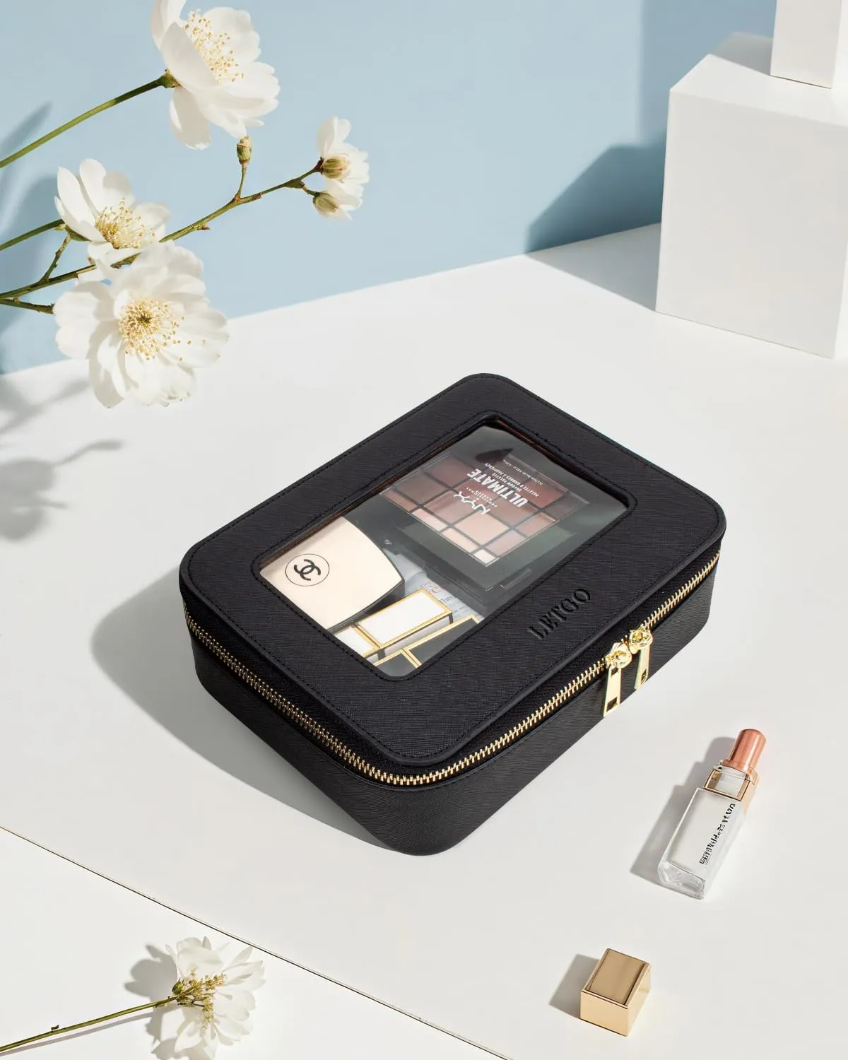 LETGO Clear Makeup Bag Travel Cosmetic Case Transparent Toiletry Bag with Zipper, Portable Make Up Organizer Traveling Compact Car Bag for Essentials(A-Black)