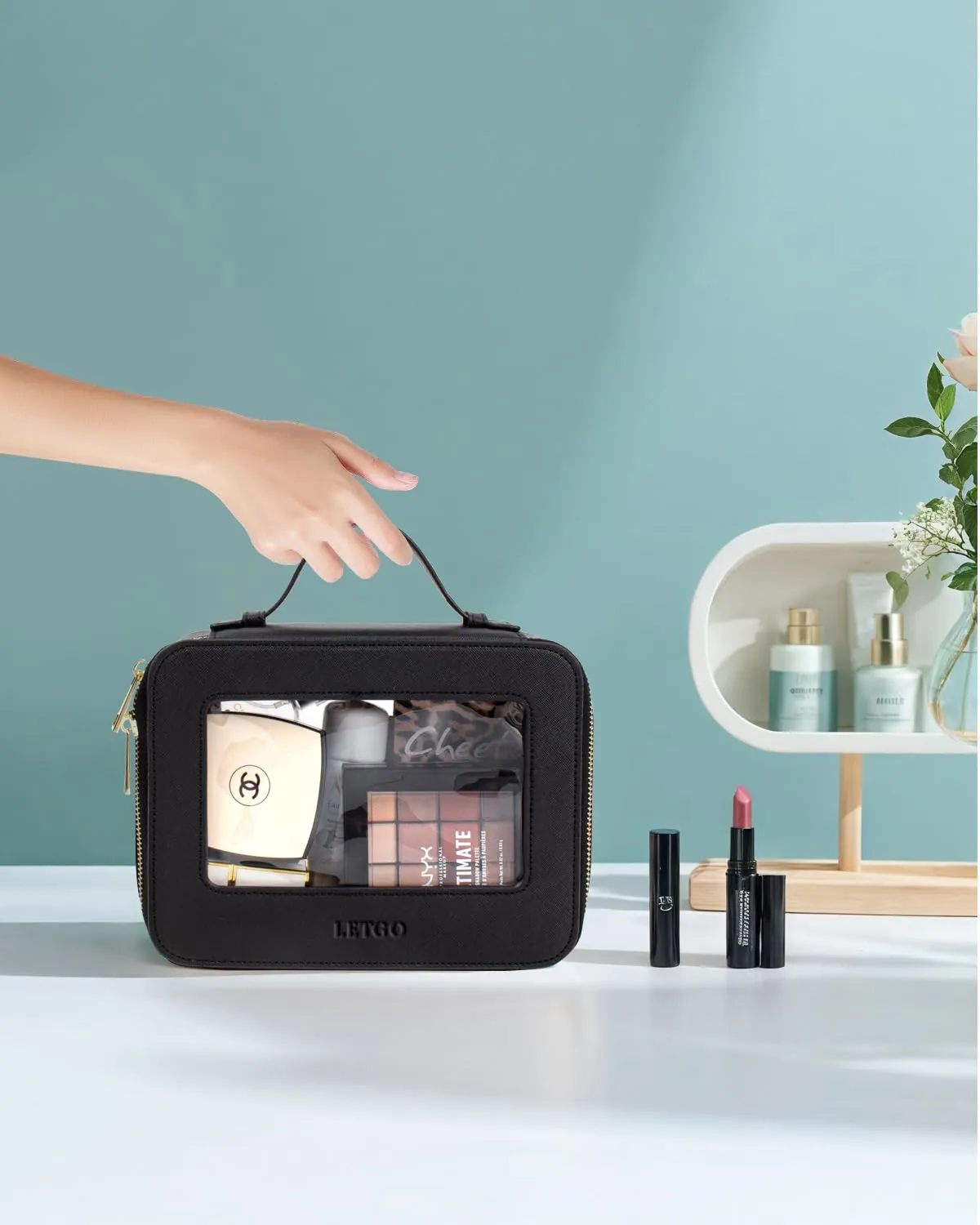 LETGO Clear Makeup Bag Travel Cosmetic Case Transparent Toiletry Bag with Zipper, Portable Make Up Organizer Traveling Compact Car Bag for Essentials(A-Black)