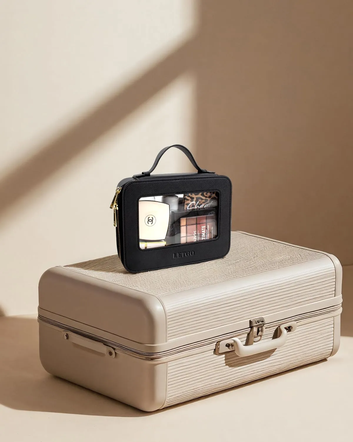 LETGO Clear Makeup Bag Travel Cosmetic Case Transparent Toiletry Bag with Zipper, Portable Make Up Organizer Traveling Compact Car Bag for Essentials(A-Black)