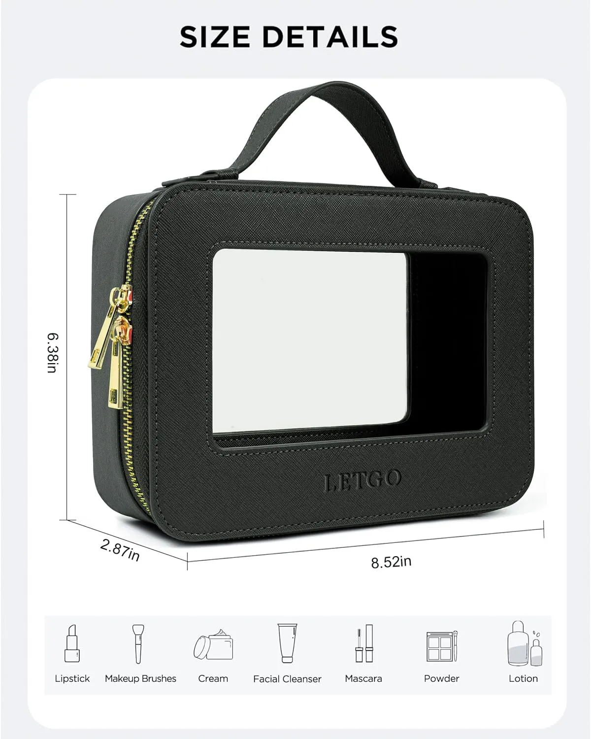 LETGO Clear Makeup Bag Travel Cosmetic Case Transparent Toiletry Bag with Zipper, Portable Make Up Organizer Traveling Compact Car Bag for Essentials(A-Black)