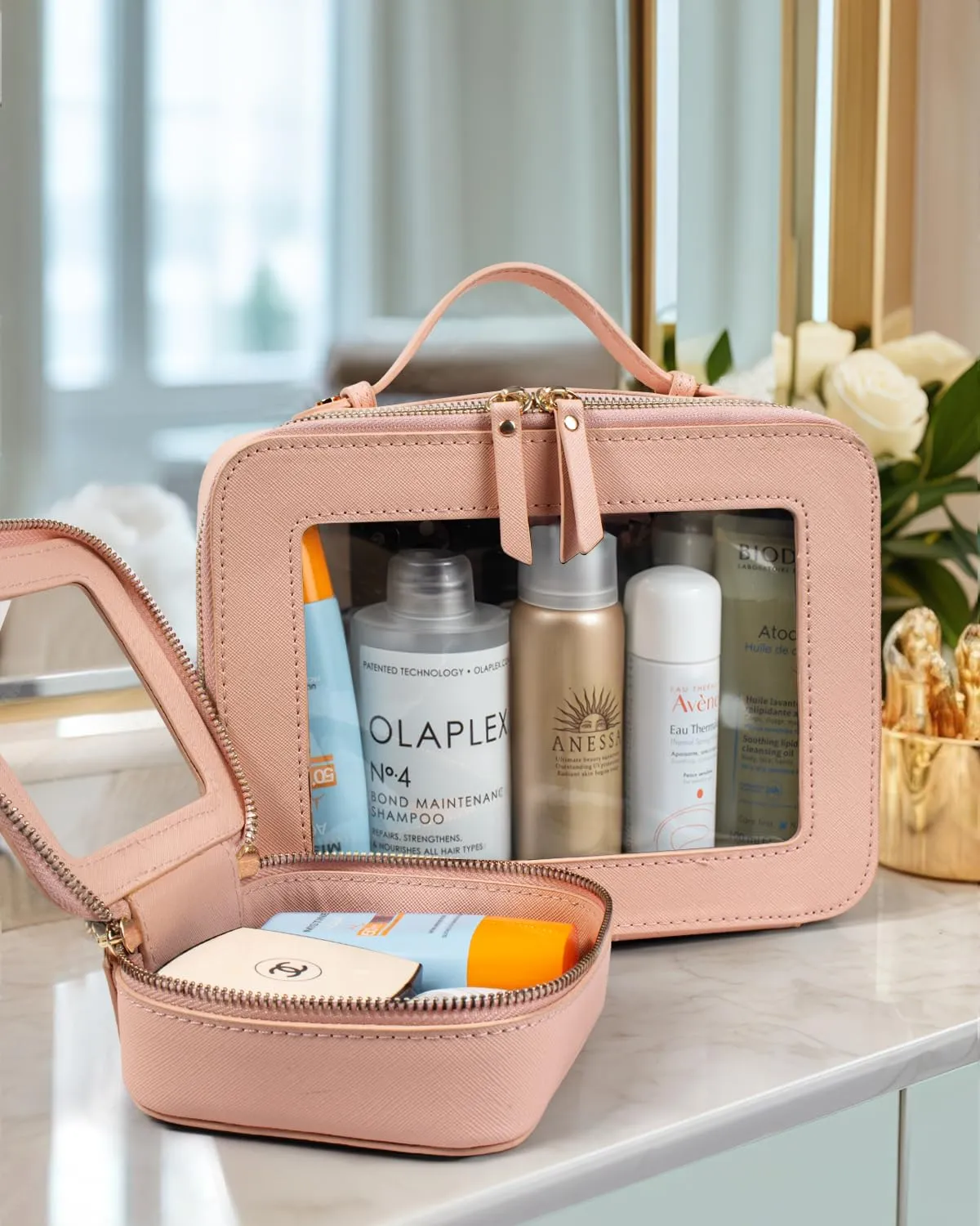LETGO Clear Makeup Bags Set - TSA Approved Toiletry Bag with Handle Large Opening, Clear Toiletry Bags Case Pouch for Traveling Travel Car Orangizer Storage Essentials (Mini Large Nude)