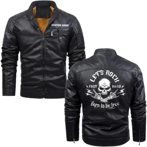 Let's Rock, Fast and Hard, Born to be Free, Music Skull Rocker, Motorcycle Custom Men PU Leather Vest Jacket