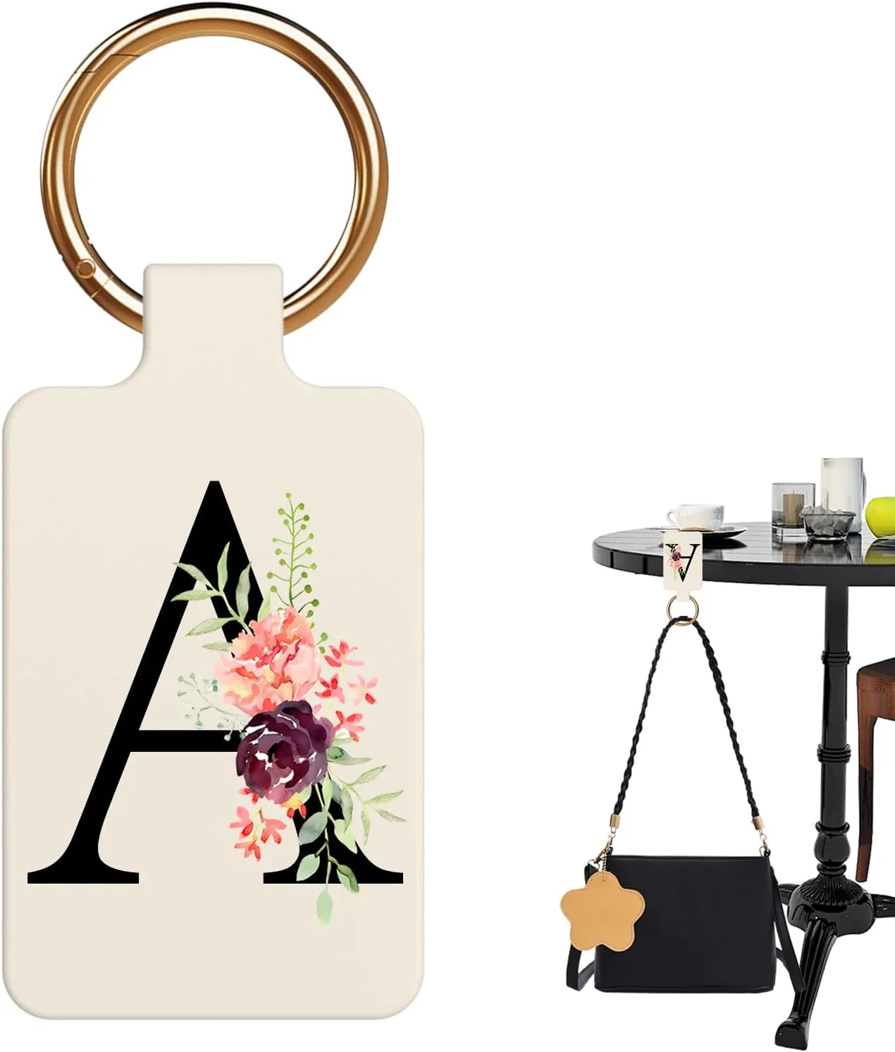 Letter A-Z Strong Magnetic Purse Holder Stylish Floral Design Handbag Hanger for Women Suitable for Table Tops Metal Wall Door Hinge Frame Shopping Cart Show off Your Personality Bag Charms(Beige A)