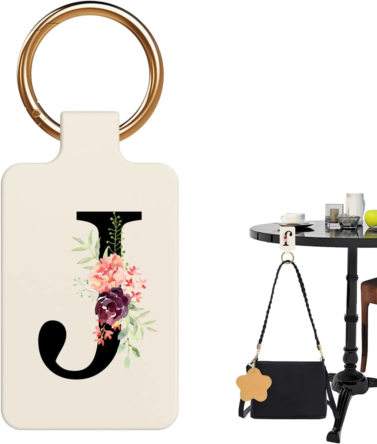 Letter A-Z Strong Magnetic Purse Holder Stylish Floral Design Handbag Hanger for Women Suitable for Table Tops Metal Wall Door Hinge Frame Shopping Cart Show off Your Personality Bag Charms(Beige J)