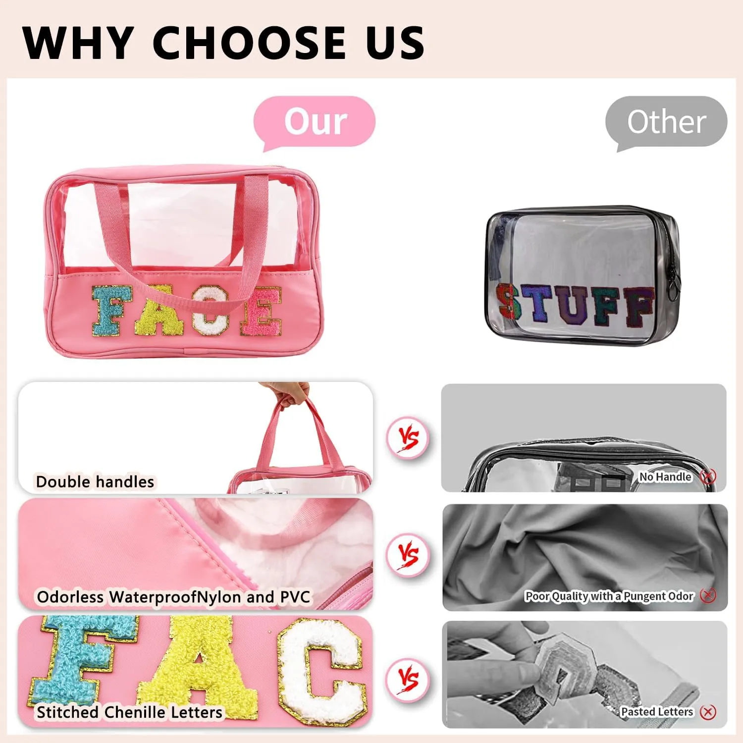 Letter Patch Clear Makeup Bag, Pink Travel Toiletry Bag Preppy Cosmetic Bag with Handle, Waterproof Beach Storage Bag Large Snacks Bag Organizer for Women Girls (Face Letter)