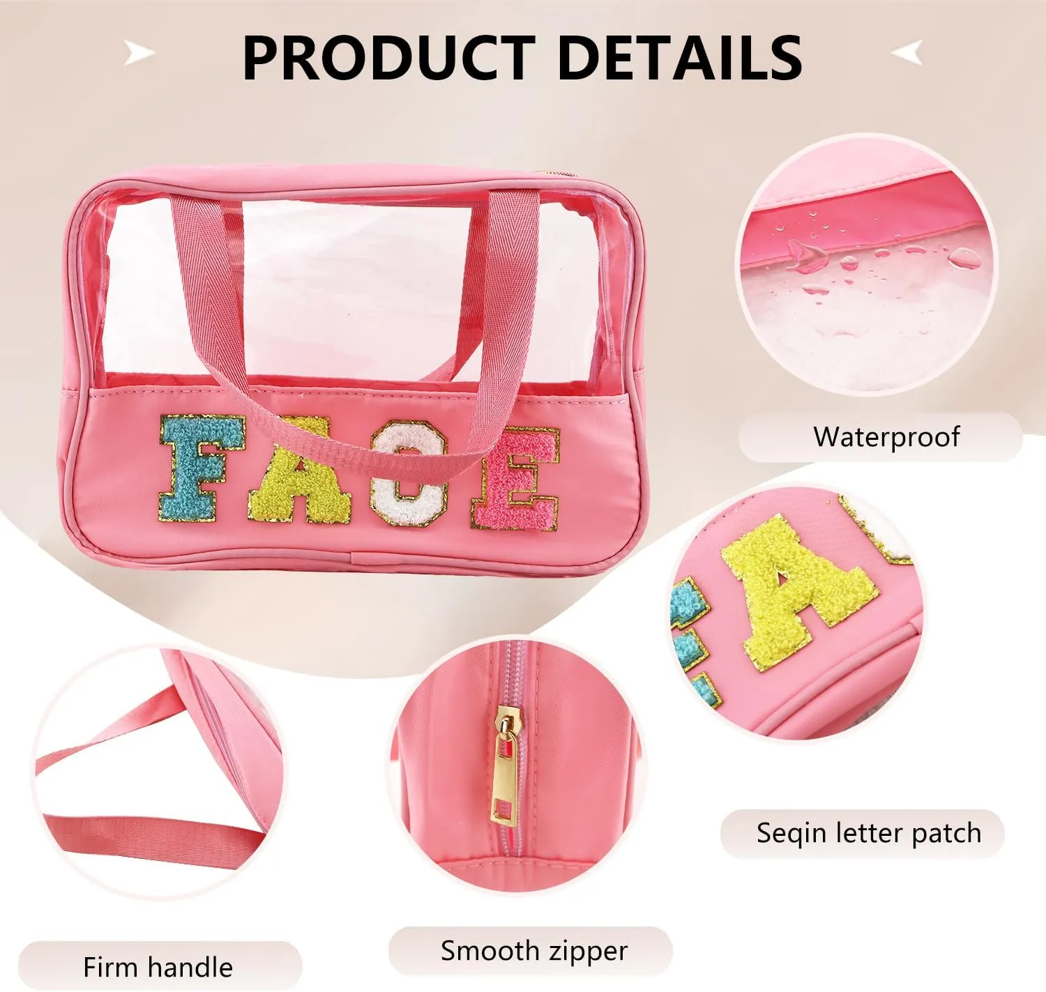 Letter Patch Clear Makeup Bag, Pink Travel Toiletry Bag Preppy Cosmetic Bag with Handle, Waterproof Beach Storage Bag Large Snacks Bag Organizer for Women Girls (Face Letter)