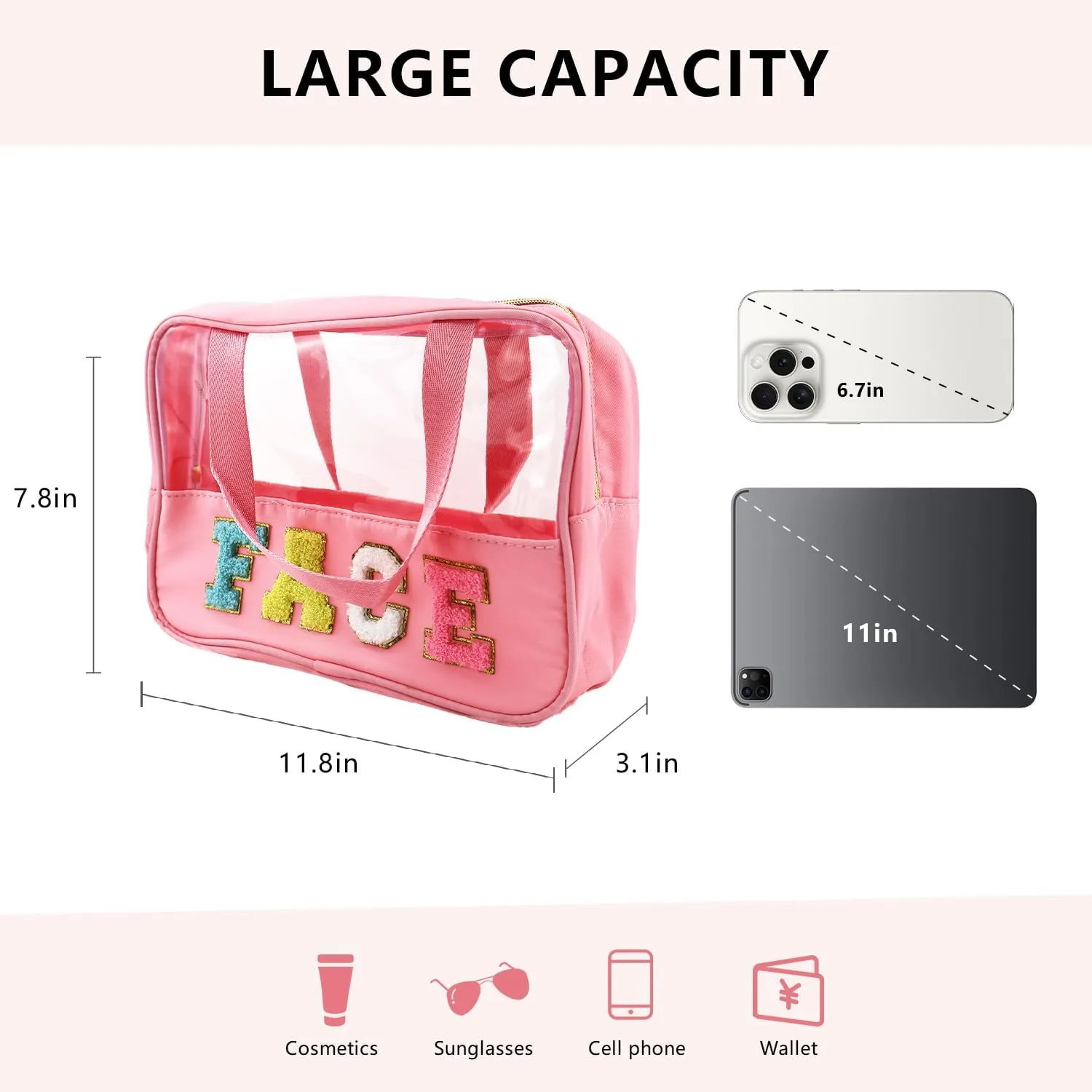 Letter Patch Clear Makeup Bag, Pink Travel Toiletry Bag Preppy Cosmetic Bag with Handle, Waterproof Beach Storage Bag Large Snacks Bag Organizer for Women Girls (Face Letter)