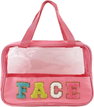 Letter Patch Clear Makeup Bag, Pink Travel Toiletry Bag Preppy Cosmetic Bag with Handle, Waterproof Beach Storage Bag Large Snacks Bag Organizer for Women Girls (Face Letter)