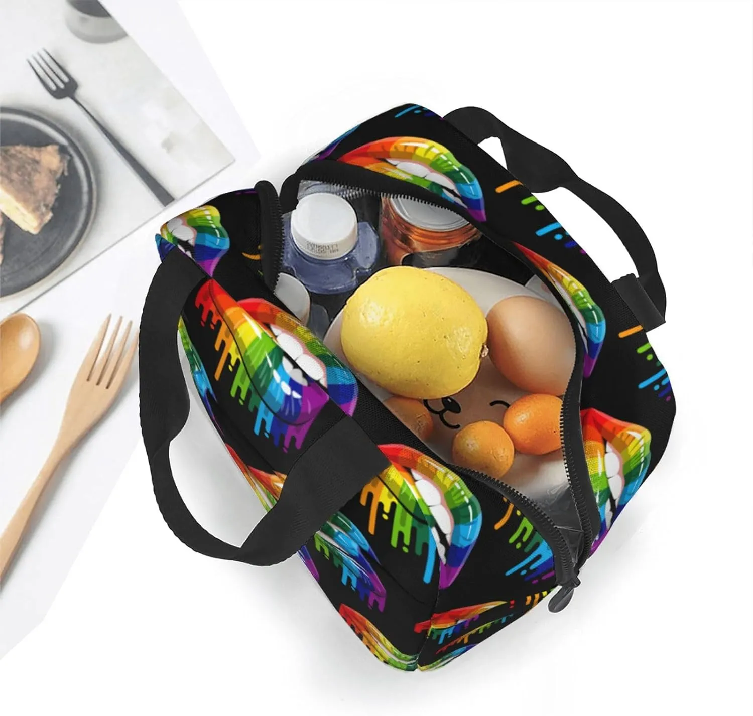 Lgbt Gay Homosexual Lesbian Rainbow Lips Pride Lunch Bag Lunch Box Reusable Insulated Lunch Tote Bag Food Handbags For Travel Work Picnic
