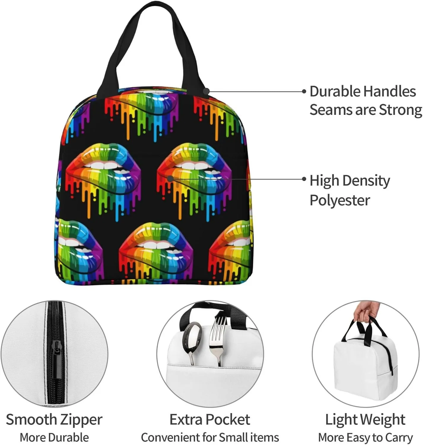 Lgbt Gay Homosexual Lesbian Rainbow Lips Pride Lunch Bag Lunch Box Reusable Insulated Lunch Tote Bag Food Handbags For Travel Work Picnic