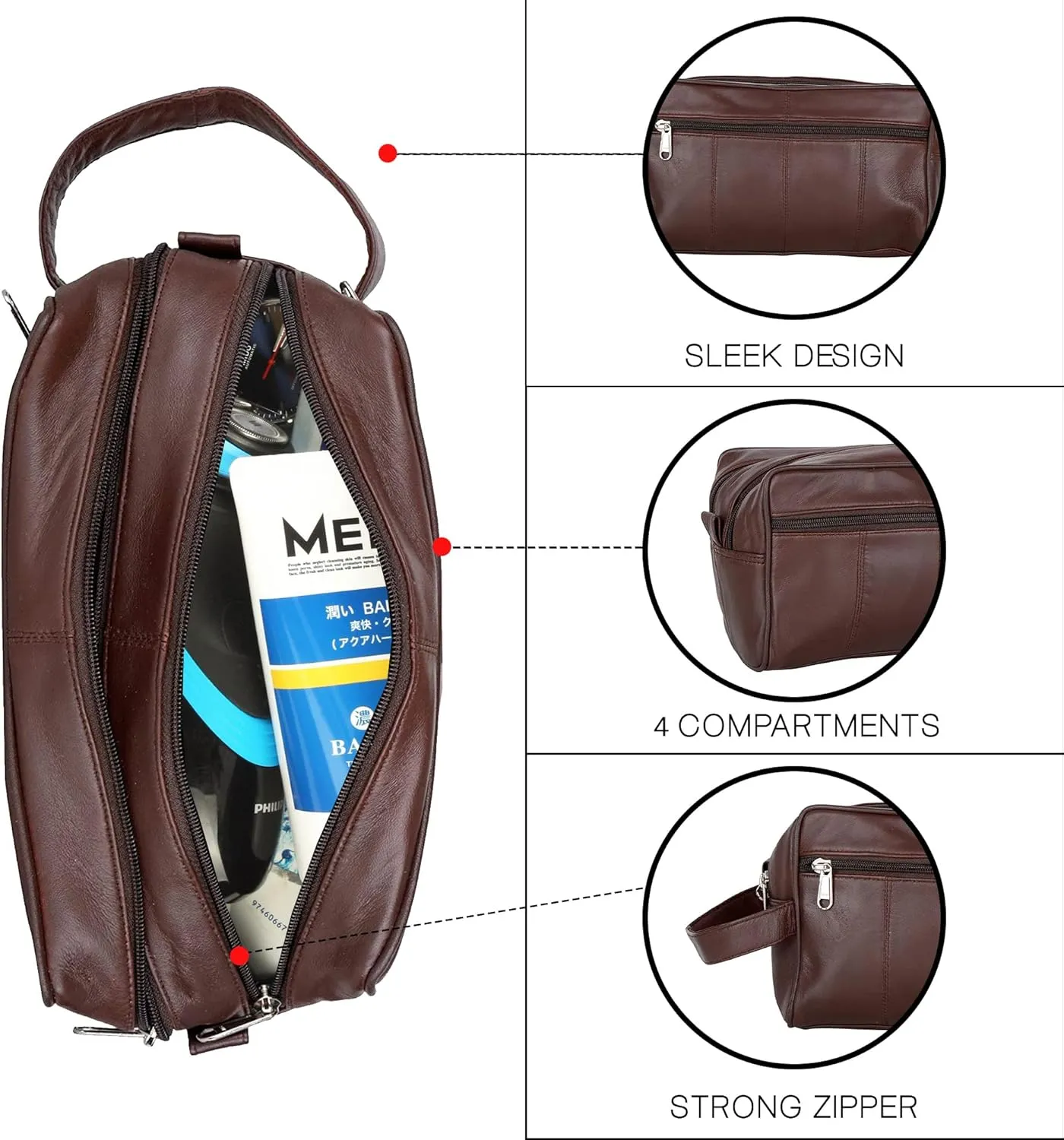 Liberty Leather Brown Deluxe Sheep Napa Leather for Men and Women Toiletry Travel Bag with Double Zipper Bathroom Organizer Shaving Kit Portable Cosmetic Case