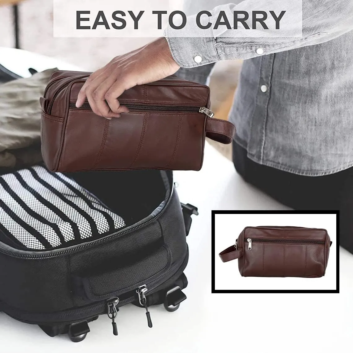 Liberty Leather Brown Deluxe Sheep Napa Leather for Men and Women Toiletry Travel Bag with Double Zipper Bathroom Organizer Shaving Kit Portable Cosmetic Case
