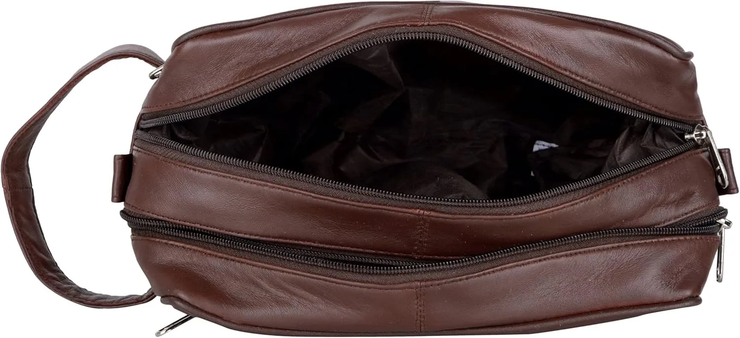 Liberty Leather Brown Deluxe Sheep Napa Leather for Men and Women Toiletry Travel Bag with Double Zipper Bathroom Organizer Shaving Kit Portable Cosmetic Case