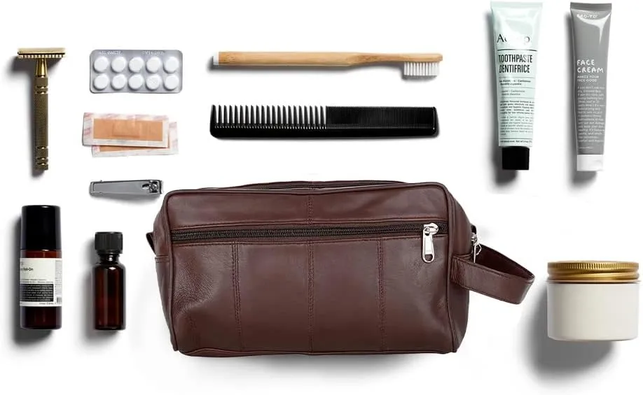 Liberty Leather Brown Deluxe Sheep Napa Leather for Men and Women Toiletry Travel Bag with Double Zipper Bathroom Organizer Shaving Kit Portable Cosmetic Case